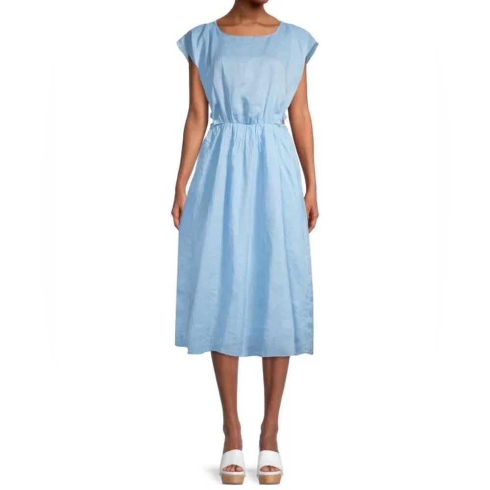 NWT Rebecca Taylor Sleeveless Ramie Cut Out Dress With Pockets Azul Blue Size L